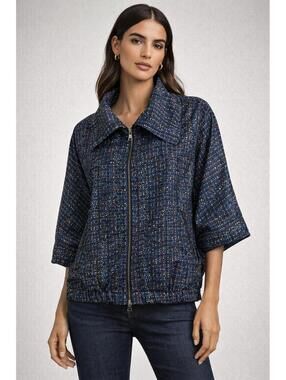 Ellen Tracy Printed Zip Jacket Blue Lightweight 3/4 Sleeve Size S